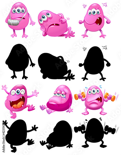 Set of pink monster with its silhouette on white background