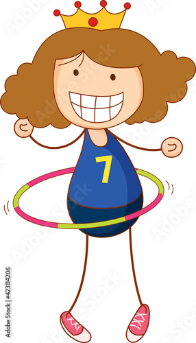 Cute girl playing hula hoop cartoon character in hand drawn doodle style isolated