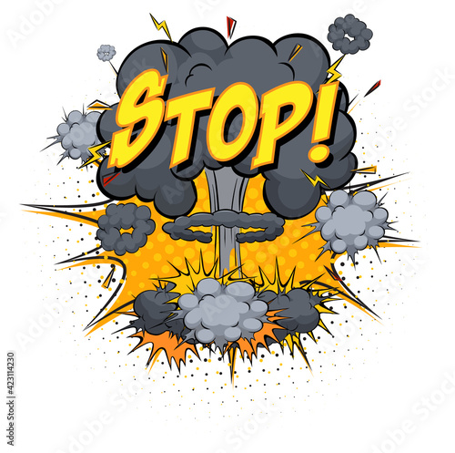 STOP text on comic cloud explosion isolated on white background