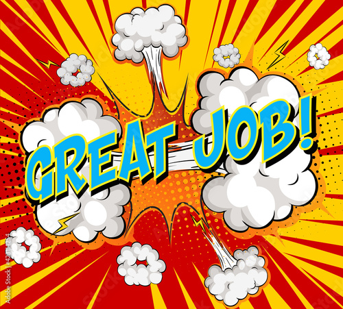 Word great job on comic cloud explosion background