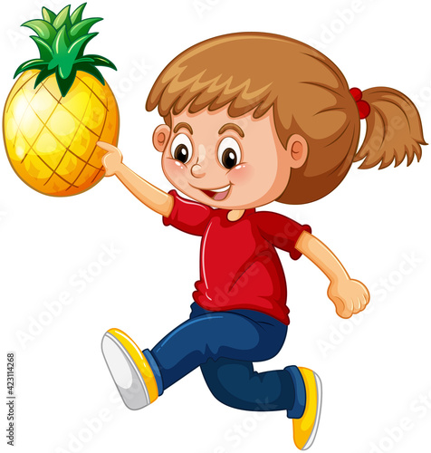 A cute girl holding pineapple cartoon character isolated on white background