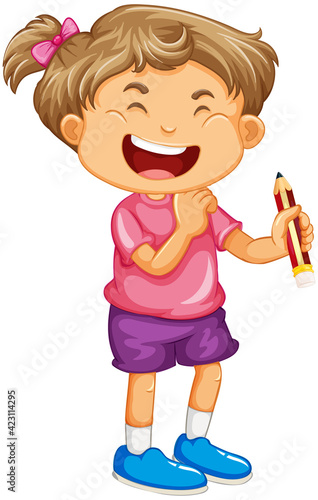 A girl holding a pencil cartoon character isolated on white background