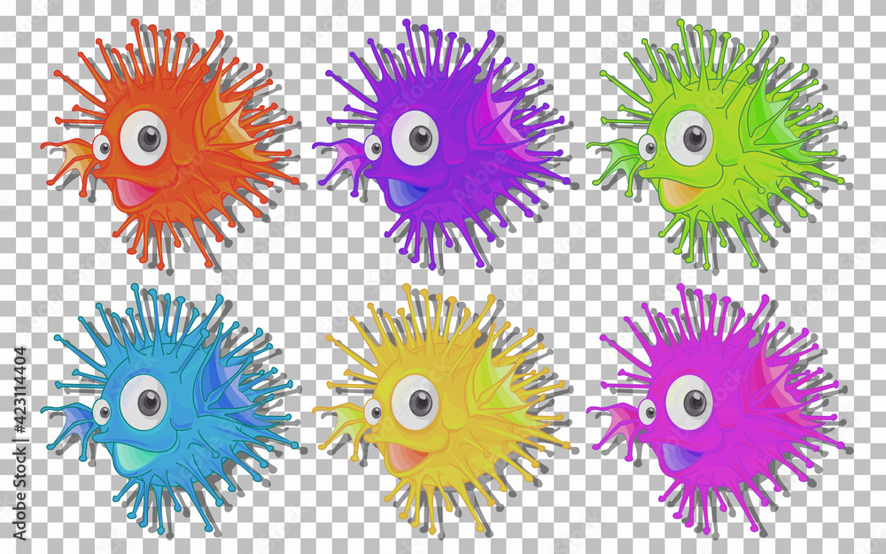Set of many cute sea urchins cartoon character on transparent background