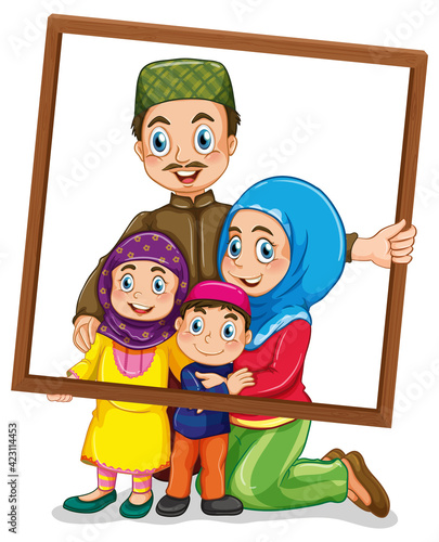 Happy family member holding photo frame