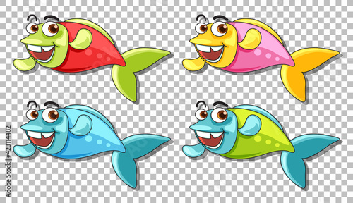 Set of many fishes cartoon character isolated on transparent background
