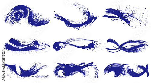 波　波しぶき　手書き　毛筆イラストのセット