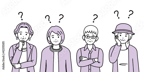 年配の女性　シニア　高齢者　人々　考える　疑問　？　ポーズ　仕草　イラスト素材