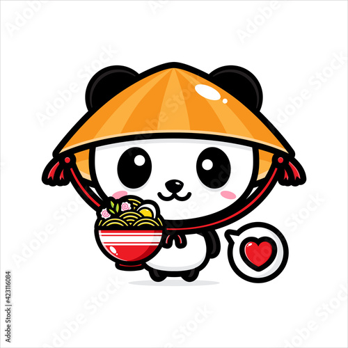 cute panda cartoon vector design wearing chinese farmer hat holding a bowl of noodles