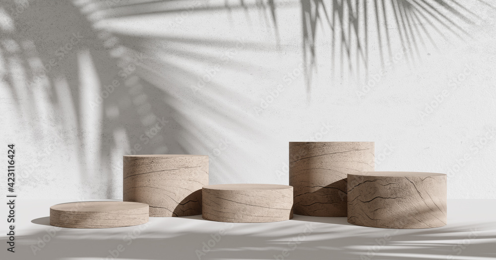 Wooden product display podium with shadow nature leaves on white background. 3D rendering	
 - obrazy, fototapety, plakaty 