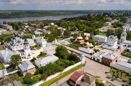 Aerial view of Russian city of Murom along bank of Oka River with Trinity convent and Annunciation Monastery