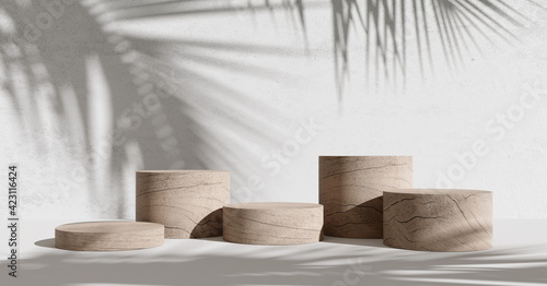 Wooden product display podium with shadow nature leaves on white background. 3D rendering	
