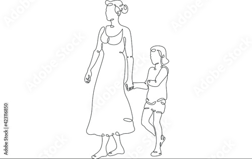 Mother with her daughter for a walk. Family shopping trip. Motherhood. One continuous drawing line logo single hand drawn art doodle isolated minimal illustration.