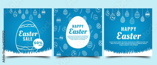 Set of Easter square banner design. Blue background with egg illustration. Suitable for social media posts, greeting cards, banners, and web internet. Vector design isolated.