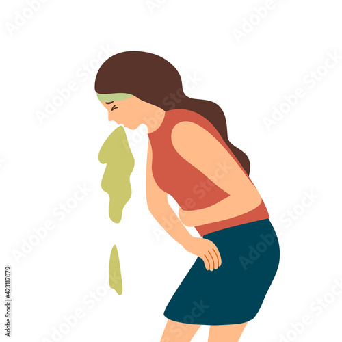 Woman suffering from vomit in flat design. Nausea throwing up from food poisoning, pregnancy symptom or drunk.