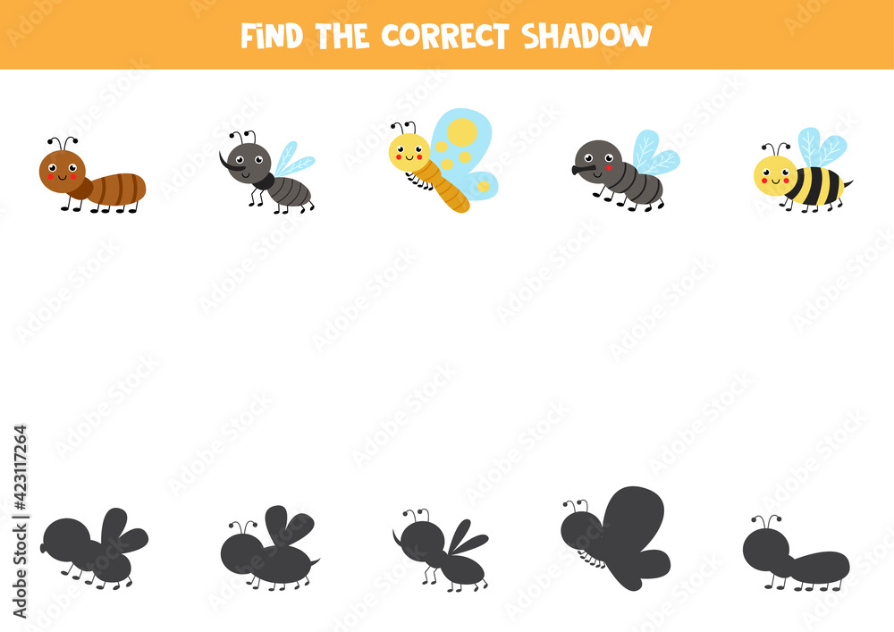 Naklejka premium Find the correct shadows of cute insects. Logical puzzle for kids.