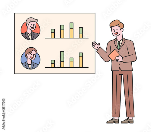 The moderator shows the candidate graph and relays. flat design style minimal vector illustration.