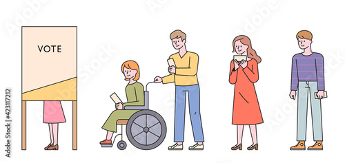 People at the polling place are waiting in line in front of the booth. flat design style minimal vector illustration.