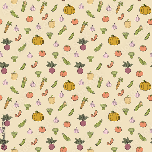 Fototapeta Naklejka Na Ścianę i Meble -  Hand drawn cute and colorful vegetables seamless pattern in doodle style. Concept vector illustration for organic, bio, fresh food