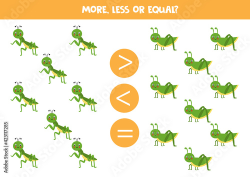More, less, equal with cute praying mantis and grasshopper.