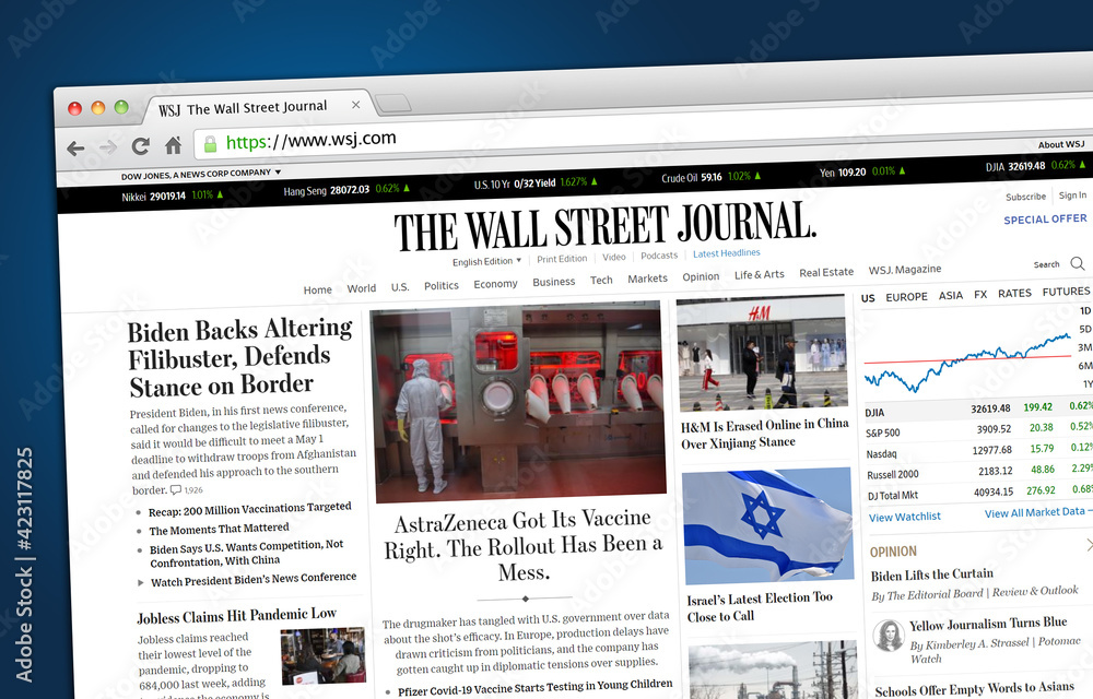 The Wall Street Journal website displayed on a web browser. The Wall Street  Journal is an American business-focused, English-language international  daily newspaper based in New York City. Stock Photo | Adobe Stock