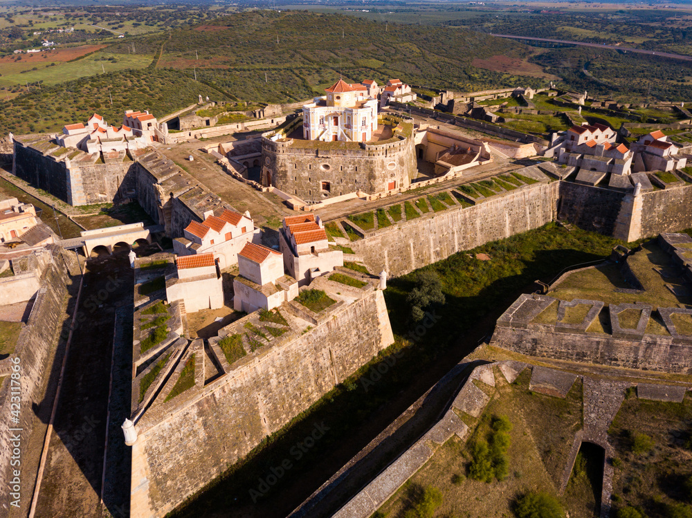 Aerial view of star-shaped fortification of Nossa Senhora da Graca Fort in village of Alcacova, Portalegre, Portugal