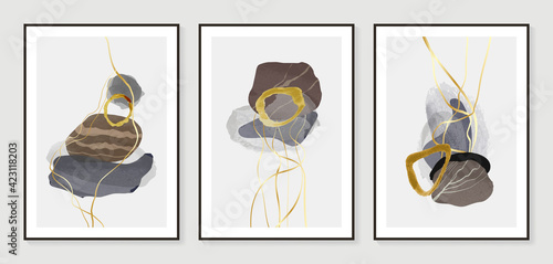 Dark Gold Abstract art background vector. Modern Nature shape line art wallpaper.  Minimalist hand painted illustrations with watercolor stain texture for home deco, wall art.