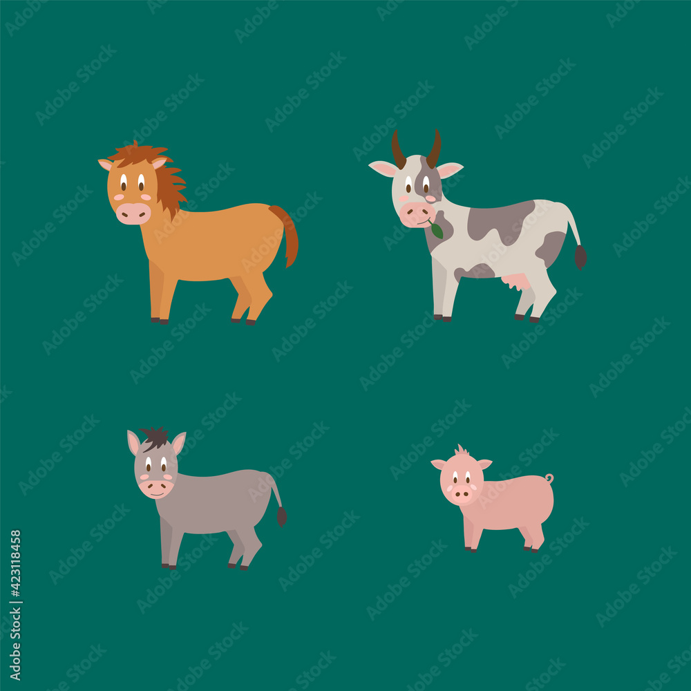 Vector set of farm animals. Cute collection of livestock illustrations. Isolated characters Cow, Donkey, Horse, Piglet in the flat style. Vector illustration