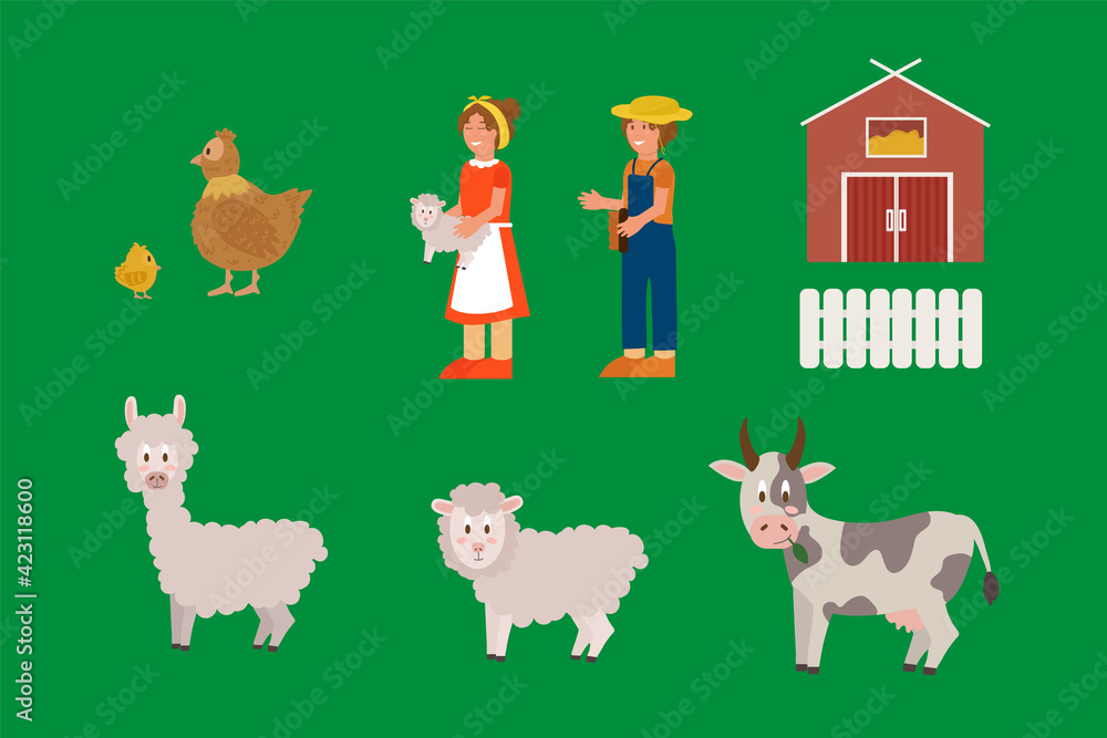 Fototapeta premium A set of farm animals and related items. Vector collection of livestock, farmers, sheds with a family of chickens. Vector illustration