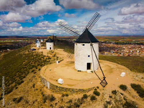 Aerial view of Route of Don Quixote with windmills in Consuegra, Spain