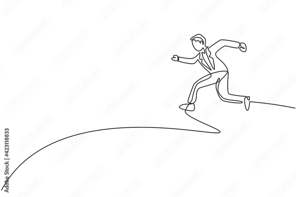Continuous one line drawing of young happy male entrepreneur jumping high into the sky. Success business manager. Minimalist concept. Trendy single line draw design vector graphic illustration