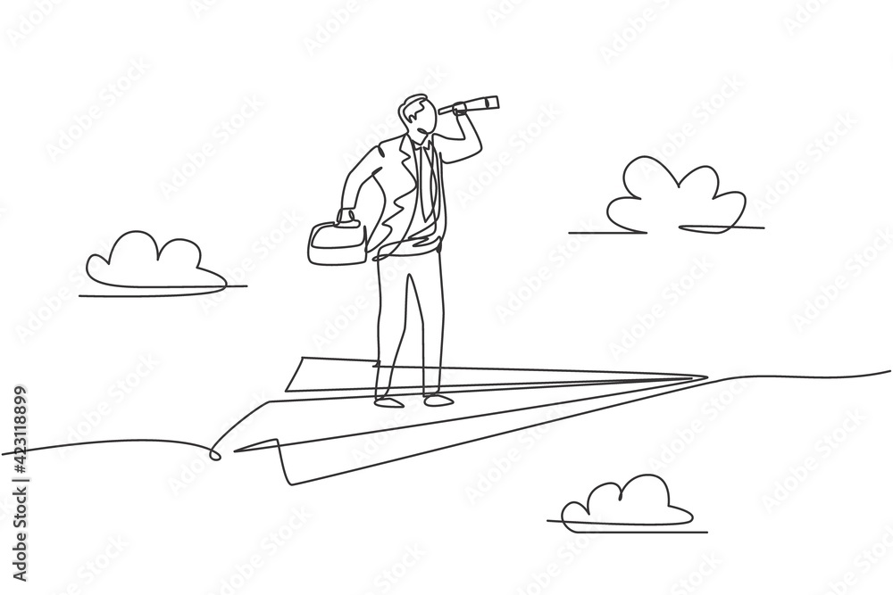 Single one line drawing of young smart business man flying with paper ...