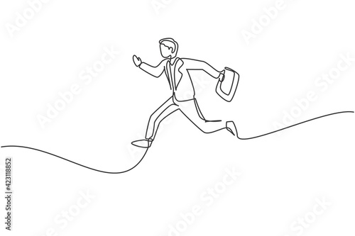 Continuous one line drawing of young happy male worker jumping high while holding briefcase. Success business manager. Minimalist concept. Trendy single line draw design vector graphic illustration