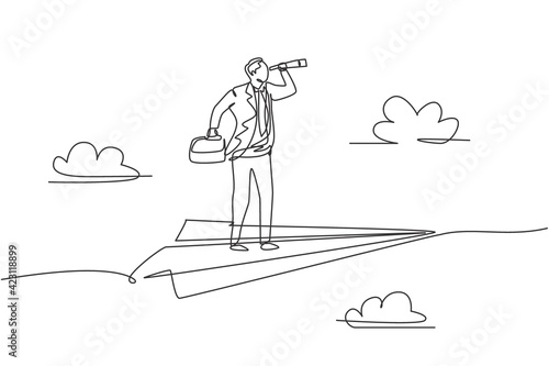 Single one line drawing of young smart business man flying with paper aircraft while analyze stock market. Business metaphor concept. Continuous line draw. Minimal design graphic vector illustration