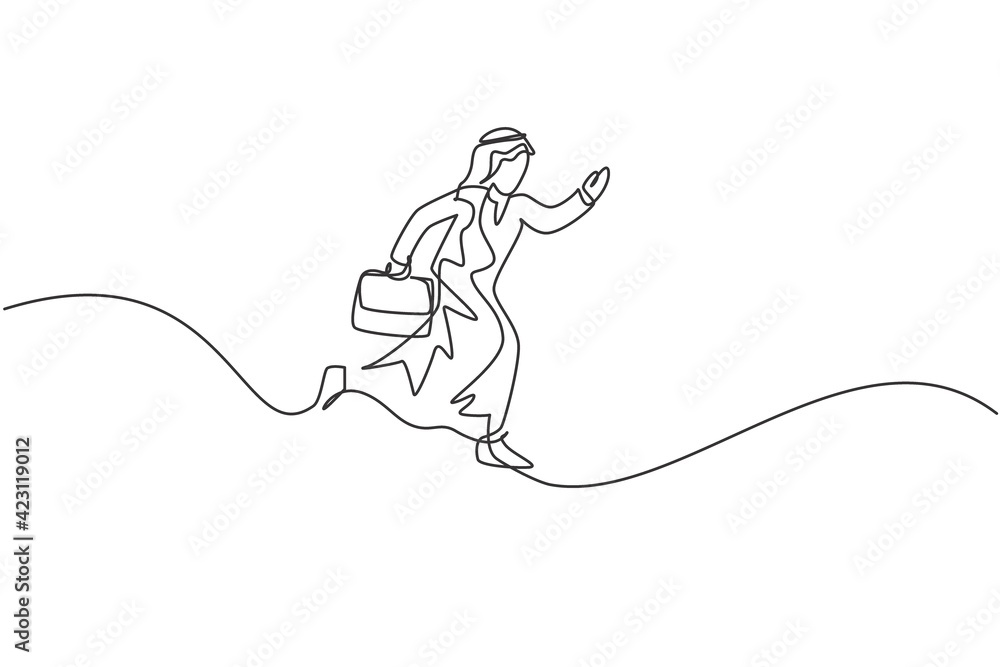 Continuous one line drawing of young happy Arab male worker jumping high to the sky. Success business manager minimalist metaphor concept. Single line draw design vector graphic illustration Continuous one line drawing of young happy Arab male worker jumping high to the sky. Success business manager minimalist metaphor concept. Single line draw design vector graphic illustration