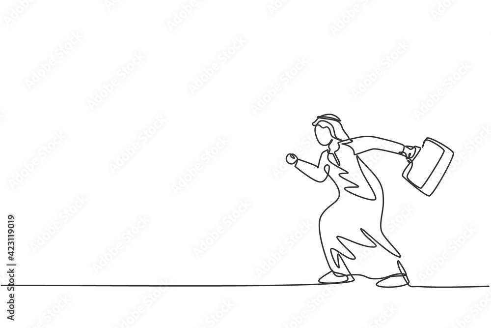 Single one line drawing of young Arab business man pose ready to run gesture. Business competition race minimal metaphor concept. Modern continuous line draw design graphic vector illustration Single one line drawing of young Arab business man pose ready to run gesture. Business competition race minimal metaphor concept. Modern continuous line draw design graphic vector illustration