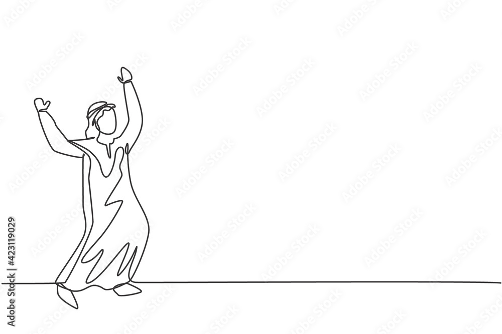 Single continuous line drawing young happy Arab business man celebrate his growth company. Business achievement. Minimalism metaphor concept. Dynamic one line draw graphic design vector illustration Single continuous line drawing young happy Arab business man celebrate his growth company. Business achievement. Minimalism metaphor concept. Dynamic one line draw graphic design vector illustration
