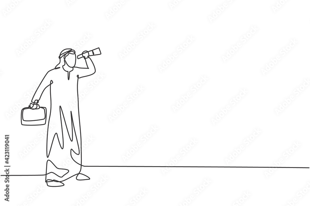 Single continuous line drawing young Arab business man forecast market using monocular. Professional forecaster. Minimalism metaphor concept. Dynamic one line draw graphic design vector illustration Single continuous line drawing young Arab business man forecast market using monocular. Professional forecaster. Minimalism metaphor concept. Dynamic one line draw graphic design vector illustration