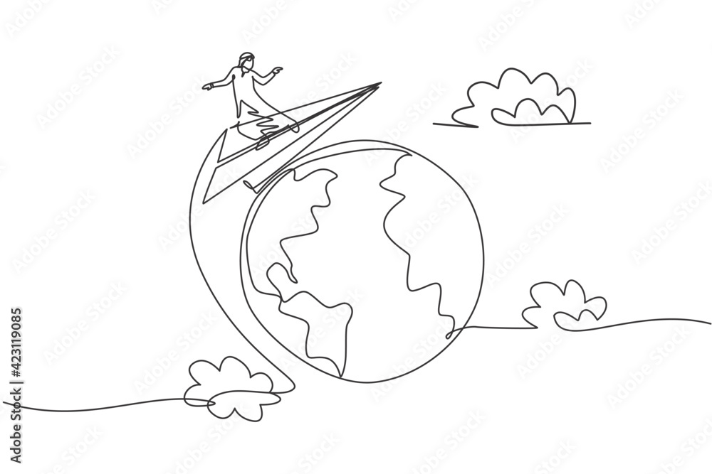 Single one line drawing of young Arabian business man around the world ...