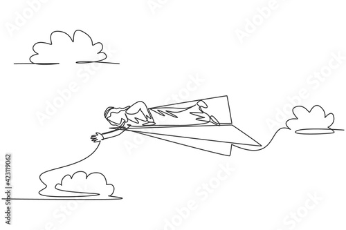 Single continuous line drawing of young Arabian business man lay down on flying paper plane to reach his fall colleagues. Minimalism metaphor concept. One line draw graphic design vector illustration