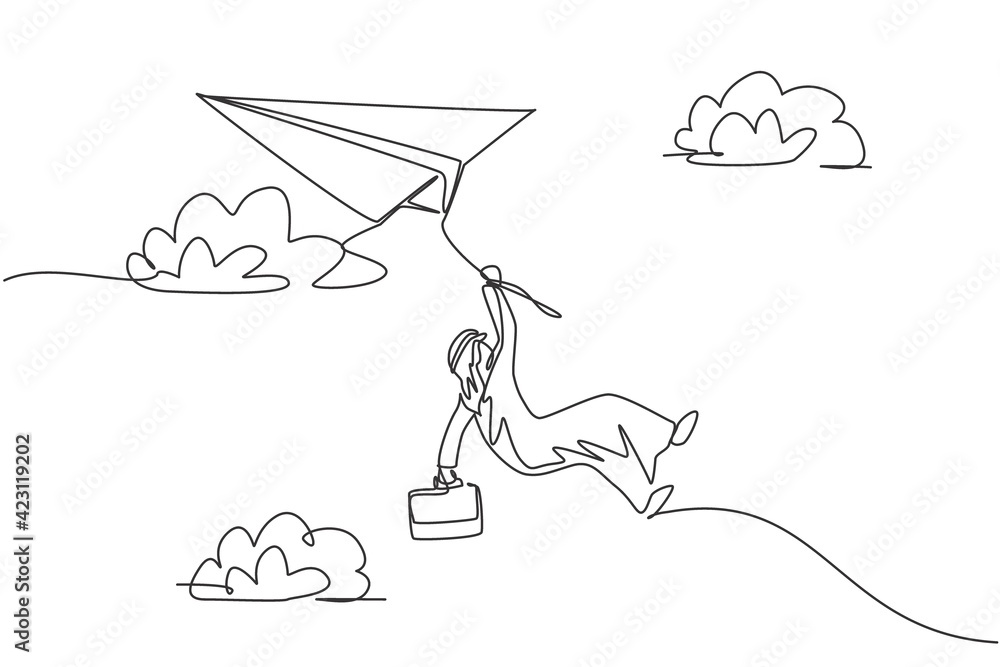Single continuous line drawing young Arab business man hanging on rope of  flying paper plane. Business survive. Minimalism metaphor concept. Dynamic  one line draw graphic design vector illustration Stock Vector