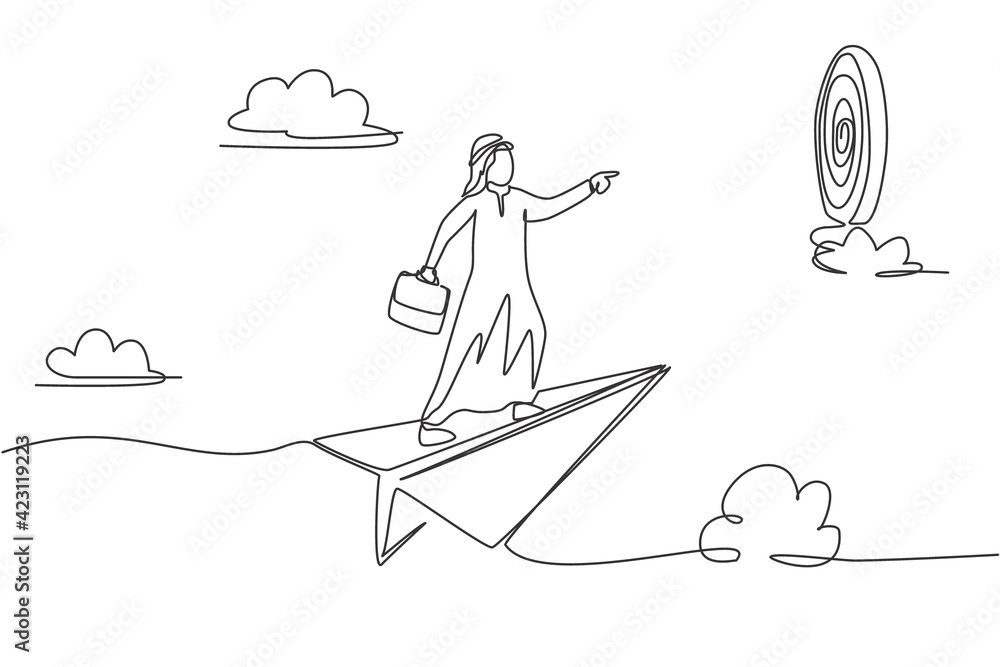 Continuous one line drawing young Arab male worker flying with paper plane to hit target on dartboard. Success manager minimalist metaphor concept. Single line draw design vector graphic illustration Continuous one line drawing young Arab male worker flying with paper plane to hit target on dartboard. Success manager minimalist metaphor concept. Single line draw design vector graphic illustration