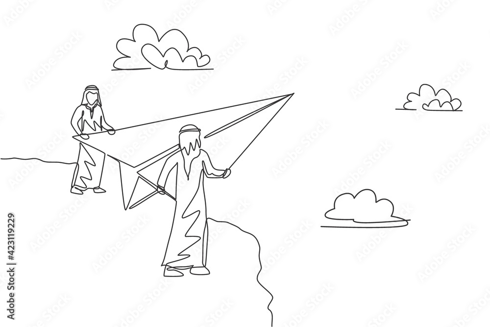 Continuous one line drawing two young Arab male workers fly paper plane ...