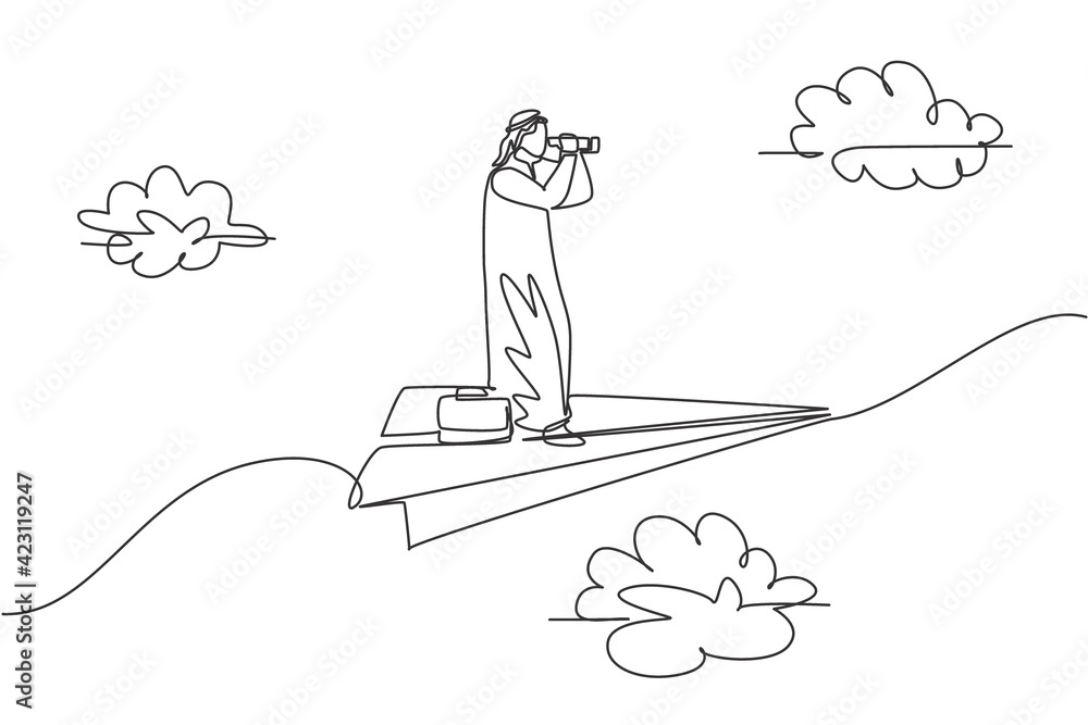 Continuous one line drawing of young Arab male worker forecasting ...