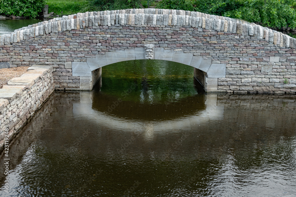 Footpath bridge over a meandering river with reflection