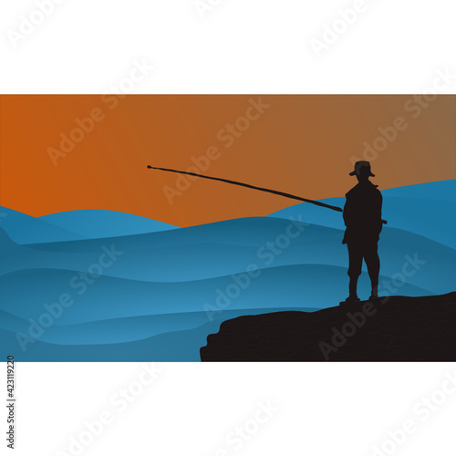 sunset background in beach with fishing man ilustration blue color
