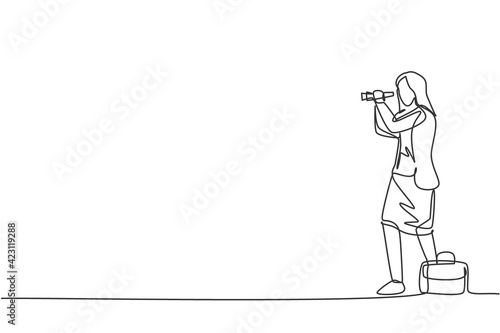 Continuous one line drawing of young female worker monitoring stock market with binocular. Success business manager. Metaphor minimalist concept. Single line draw design vector graphic illustration