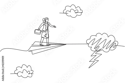 Single continuous line drawing young business woman fly with paper plane through thunderstorm. Professional entrepreneur. Minimalism metaphor concept. One line draw graphic design vector illustration