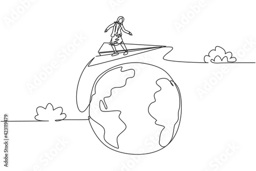 Single continuous line drawing young professional business woman doing business trip around the world with paper airplane. Minimalism metaphor concept. One line draw graphic design vector illustration