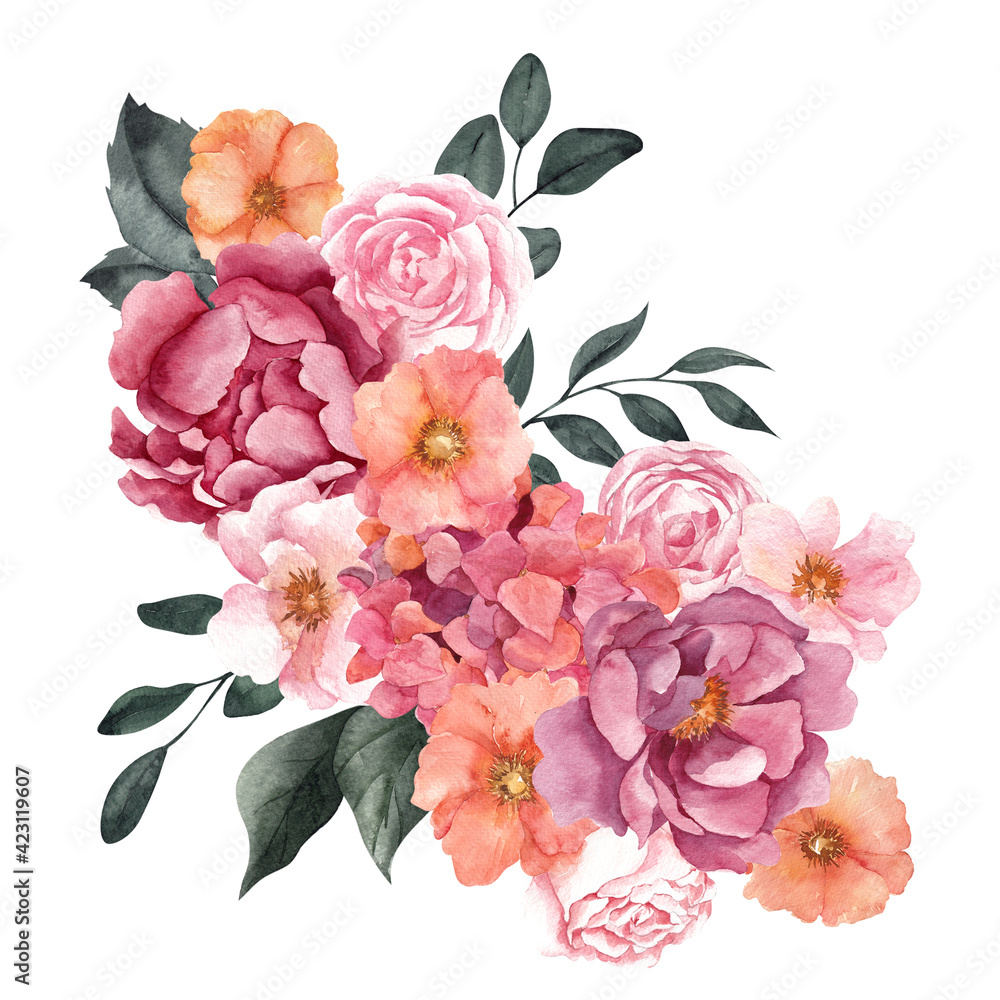 Watercolor bouquet with pretty flowers and leaves, isolated on white background, for wedding invitations, birthday and more 