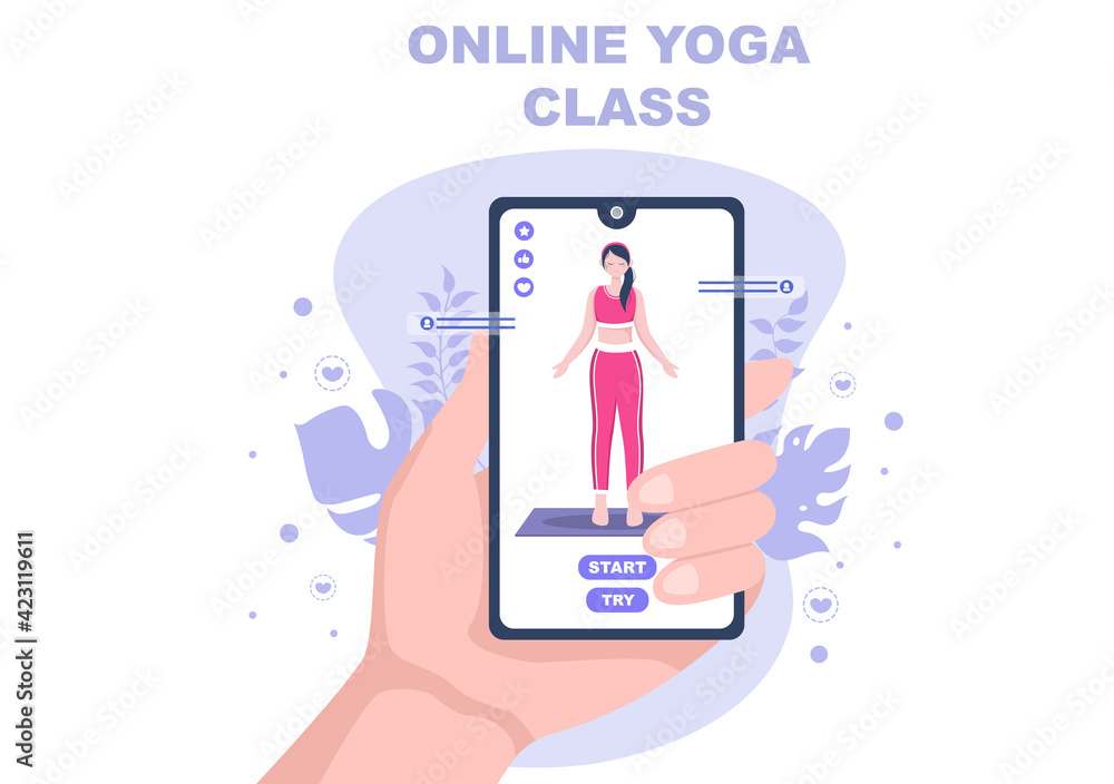 Online Lessons, Yoga and Meditation Classes By Watching Videos, Live Streaming, Internet Education On Your Laptop Or Phone At Home. Vector Illustration Online Lessons, Yoga and Meditation Classes By Watching Videos, Live Streaming, Internet Education On Your Laptop Or Phone At Home. Vector Illustration